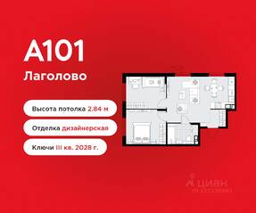 ЖК «А101 Лаголово», планировка 2-комнатной квартиры, 54.57 м²
