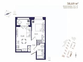 ЖК «Ranta Residence», планировка 1-комнатной квартиры, 38.69 м²