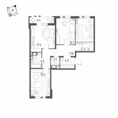 ЖК «Монография», планировка 3-комнатной квартиры, 89.30 м²