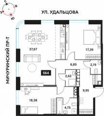 ЖК «Инноватор», планировка 3-комнатной квартиры, 99.80 м²