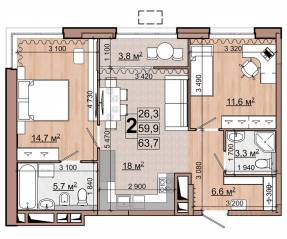 ЖК «Гранд Комфорт», планировка 2-комнатной квартиры, 63.70 м²