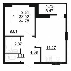 ЖК «Рубеж», планировка 1-комнатной квартиры, 34.75 м²
