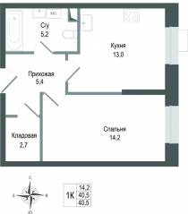 ЖК «Киноквартал», планировка 1-комнатной квартиры, 40.50 м²