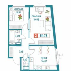 ЖК «Графика», планировка 2-комнатной квартиры, 54.78 м²