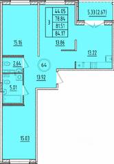МЖК «Образцовый квартал 17», планировка 3-комнатной квартиры, 78.84 м²