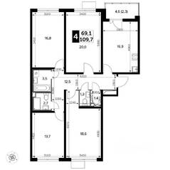 ЖК «Южная Битца», планировка 4-комнатной квартиры, 111.40 м²