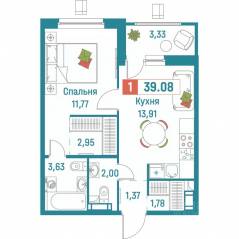 ЖК «Графика», планировка 1-комнатной квартиры, 39.08 м²