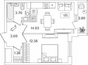 ЖК «Кинопарк», планировка 1-комнатной квартиры, 36.68 м²