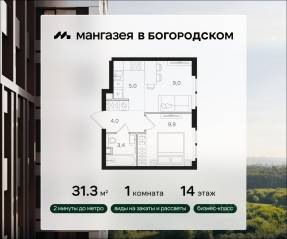 ЖК «Мангазея в Богородском», планировка 1-комнатной квартиры, 31.30 м²