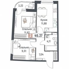 ЖК «Авиатор» (Девяткино), планировка 2-комнатной квартиры, 45.27 м²