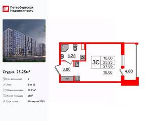 ЖК «Бионика Заповедная», планировка студии, 25.25 м²