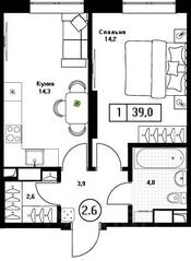 ЖК «Пушкино Град», планировка 1-комнатной квартиры, 39.00 м²