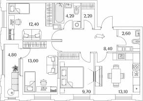 ЖК «Тайм Сквер», планировка 3-комнатной квартиры, 68.00 м²