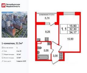 ЖК «Город звезд», планировка 1-комнатной квартиры, 32.30 м²