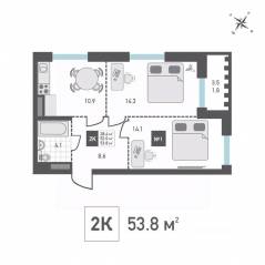 ЖК «Зеленоград Ривьера», планировка 2-комнатной квартиры, 53.80 м²