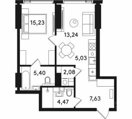 ЖК «Solos», планировка 1-комнатной квартиры, 53.08 м²