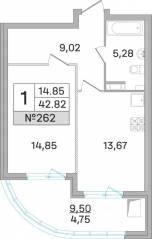 ЖК «Дом-Мегалит в Королёве», планировка 1-комнатной квартиры, 42.60 м²