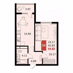 ЖК «ДОМодедово Парк», планировка 1-комнатной квартиры, 44.82 м²