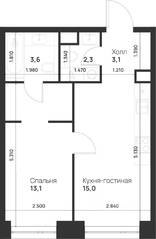 ЖК «Voice Towers», планировка 1-комнатной квартиры, 37.10 м²
