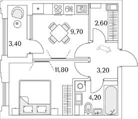 ЖК «Тайм Сквер», планировка 1-комнатной квартиры, 33.10 м²
