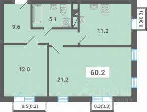 МЖК «Южная Долина», планировка 2-комнатной квартиры, 60.20 м²