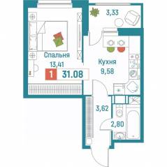 ЖК «Графика», планировка 1-комнатной квартиры, 31.08 м²