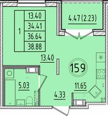 МЖК «Образцовый квартал 17», планировка 1-комнатной квартиры, 34.41 м²