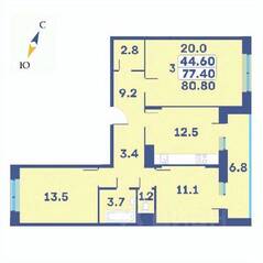 ЖК «Эдельвейс» (ЦентрСтрой), планировка 3-комнатной квартиры, 80.80 м²