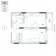 ЖК «Пироговская Ривьера», планировка 1-комнатной квартиры, 41.80 м²