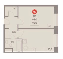 ЖК «Отлично», планировка 1-комнатной квартиры, 46.00 м²