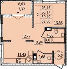 МЖК «Образцовый квартал 15», планировка 2-комнатной квартиры, 56.17 м²