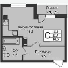 ЖК «Южная заря», планировка студии, 31.30 м²