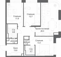 ЖК «Nagatino i-Land», планировка 3-комнатной квартиры, 81.90 м²