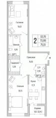 ЖК «Riga Hills», планировка 2-комнатной квартиры, 75.51 м²