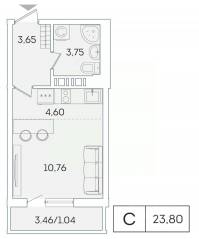 ЖК «Lampo», планировка студии, 22.80 м²