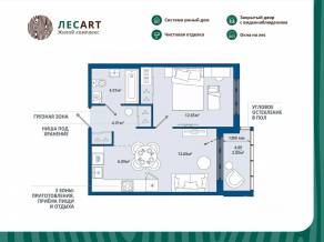 ЖК «ЛесART», планировка 1-комнатной квартиры, 40.96 м²