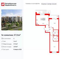 МЖК «Универ Сити», планировка 2-комнатной квартиры, 57.51 м²