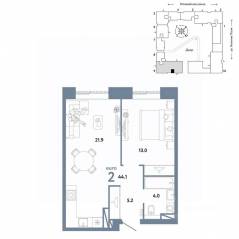 ЖК «Страна.Заречная», планировка 2-комнатной квартиры, 44.10 м²