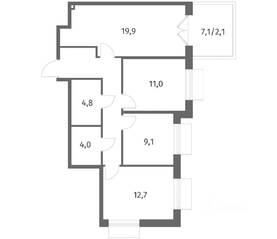ЖК «Парусная 1», планировка 3-комнатной квартиры, 74.90 м²