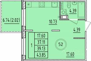 МЖК «Образцовый квартал 17», планировка 1-комнатной квартиры, 37.11 м²