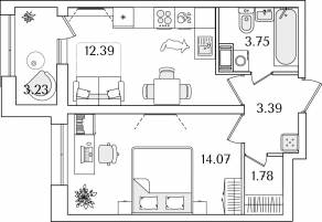 ЖК «БелАрт», планировка 1-комнатной квартиры, 37.00 м²