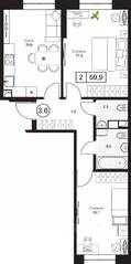 ЖК «Пушкино Град», планировка 2-комнатной квартиры, 59.90 м²
