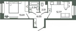 ЖК «Загляденье», планировка 1-комнатной квартиры, 37.66 м²
