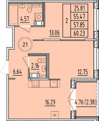 МЖК «Образцовый квартал 17», планировка 2-комнатной квартиры, 55.47 м²