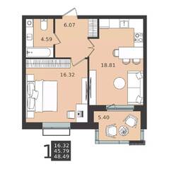 ЖК «Мишино-2», планировка 1-комнатной квартиры, 48.49 м²