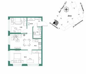 ЖК «Страна.Парковая», планировка 2-комнатной квартиры, 60.16 м²