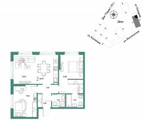 ЖК «Страна.Парковая», планировка 2-комнатной квартиры, 66.72 м²