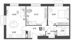ЖК Арт-квартал «Публицист», планировка 2-комнатной квартиры, 63.96 м²