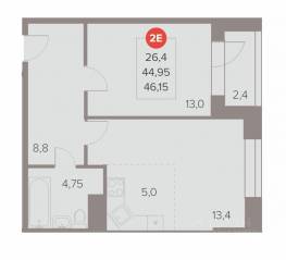 ЖК «Отлично», планировка 2-комнатной квартиры, 46.15 м²