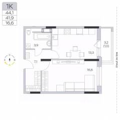 ЖК «Пироговская Ривьера», планировка 1-комнатной квартиры, 42.10 м²